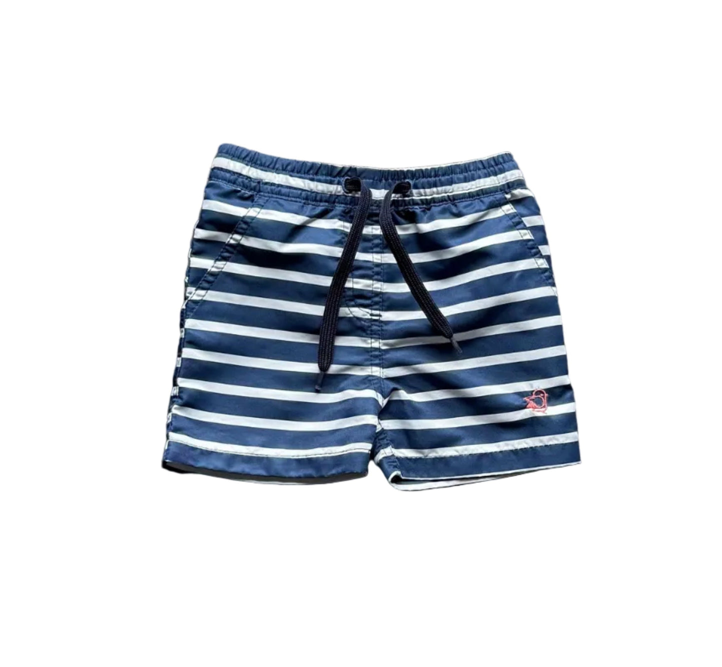 Maillot 3 ans rayé bleu et blanc, taille élastique à cordon, patch oiseau sur le côté