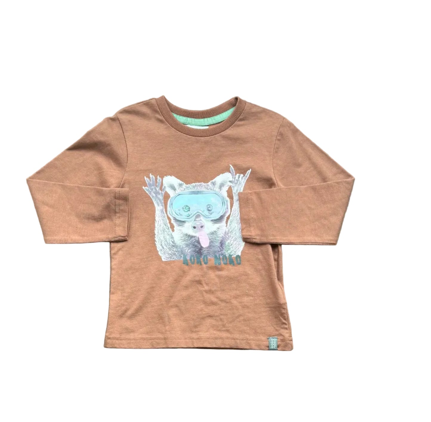 Chandail manches longues camel à col rond, imprimé animal bleu turquoise, 2 ans