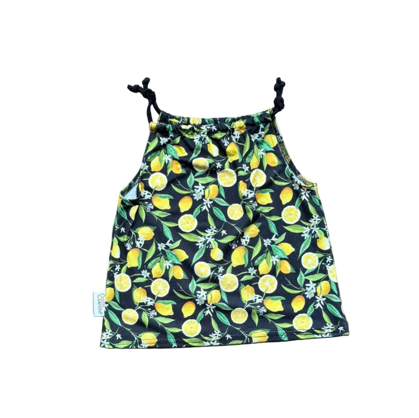 Camisole enfant à bretelles nouées, imprimé citrons et fruits sur fond vert foncé