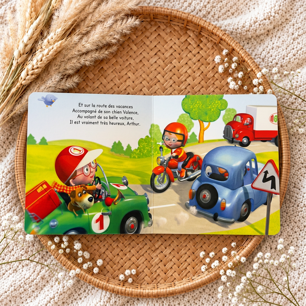 Livre ouvert : pages illustrées avec enfant en voiture, arbres et scène de circulation, voiture bleue.