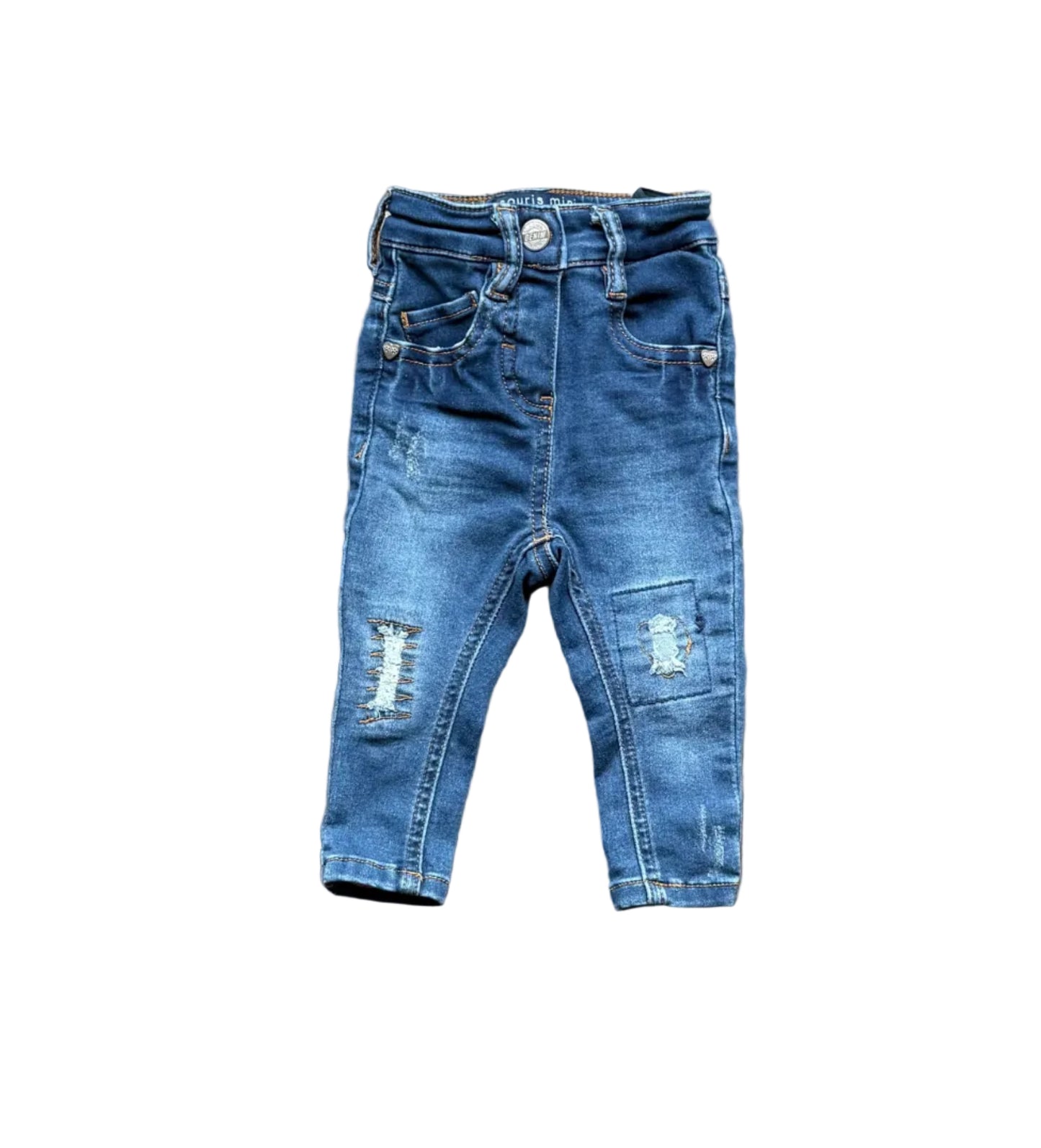 Jeans Souris Mini bleu 6-9 mois, poches et genoux déchirés avec couture