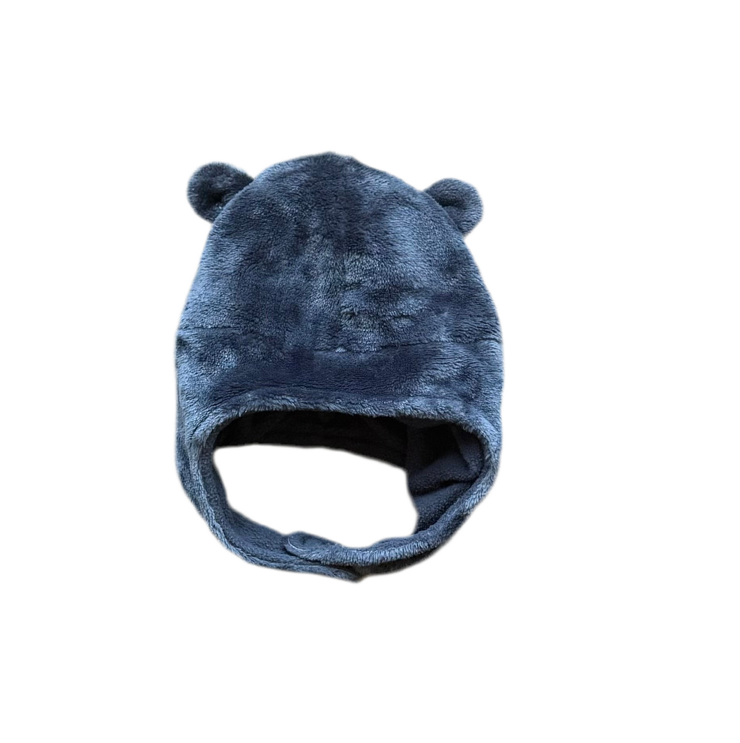 Tuque bébé bleu foncé en tissu doux, intérieur doublé et oreilles rondes.