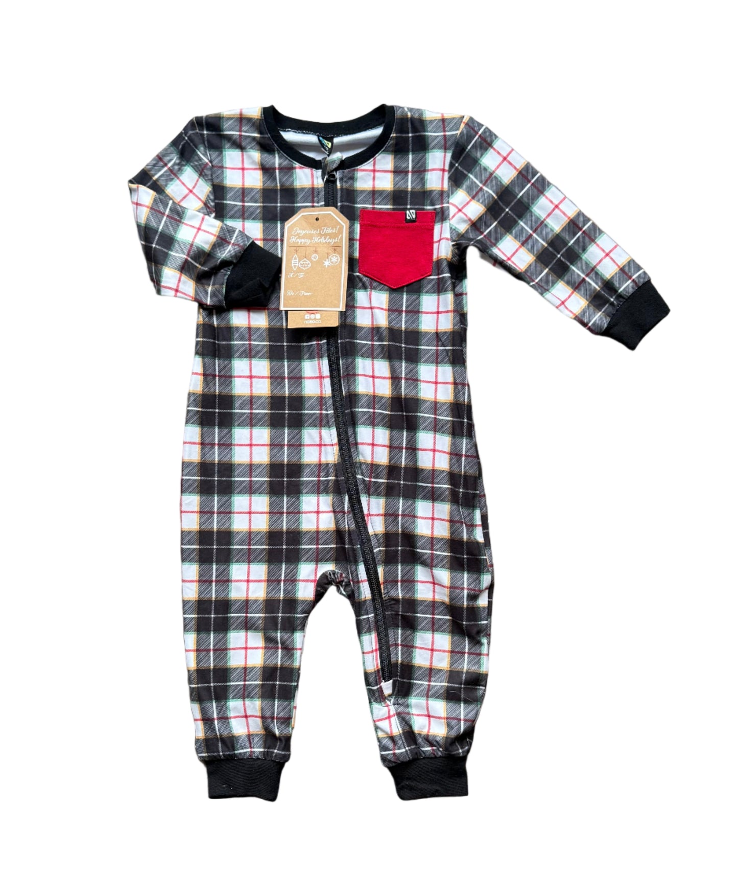 Combinaison pyjama bébé à carreaux, fermeture zippée, empiècement rouge