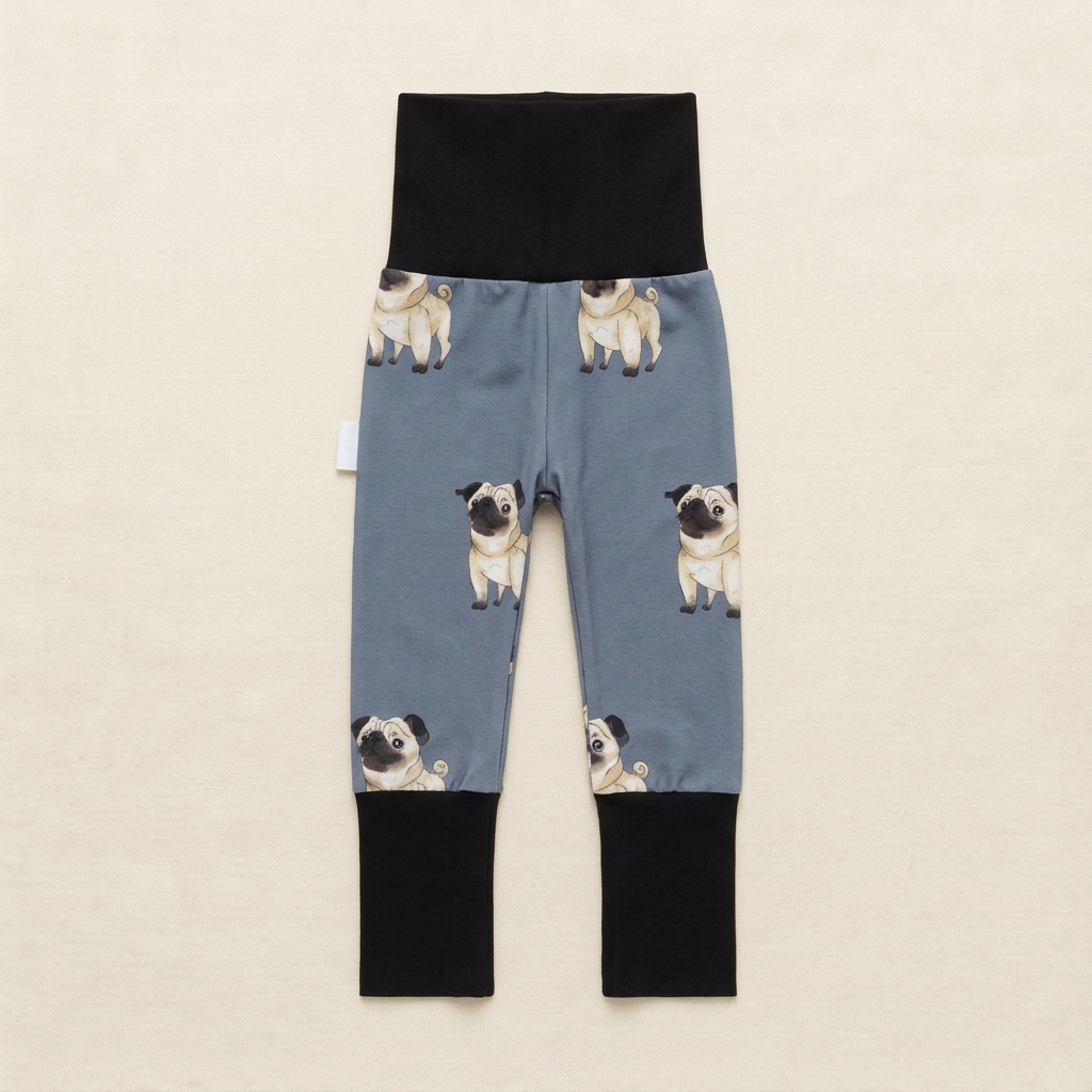 Legging bébé en coton vanille bleu gris avec pugs, taille et bas noirs