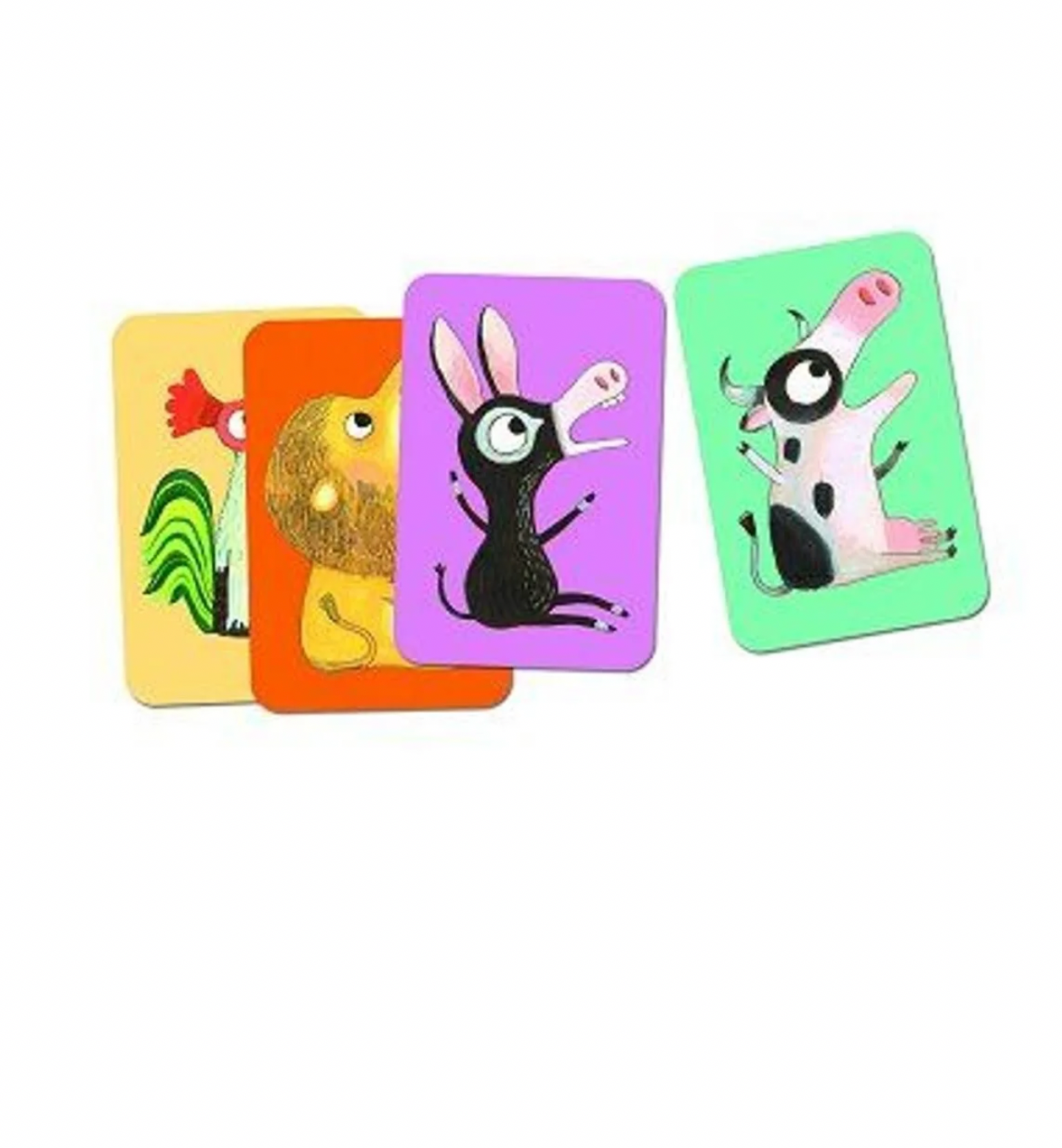 Cartes du jeu Batameuh Djeco, 3 cartes animales colorées visibles