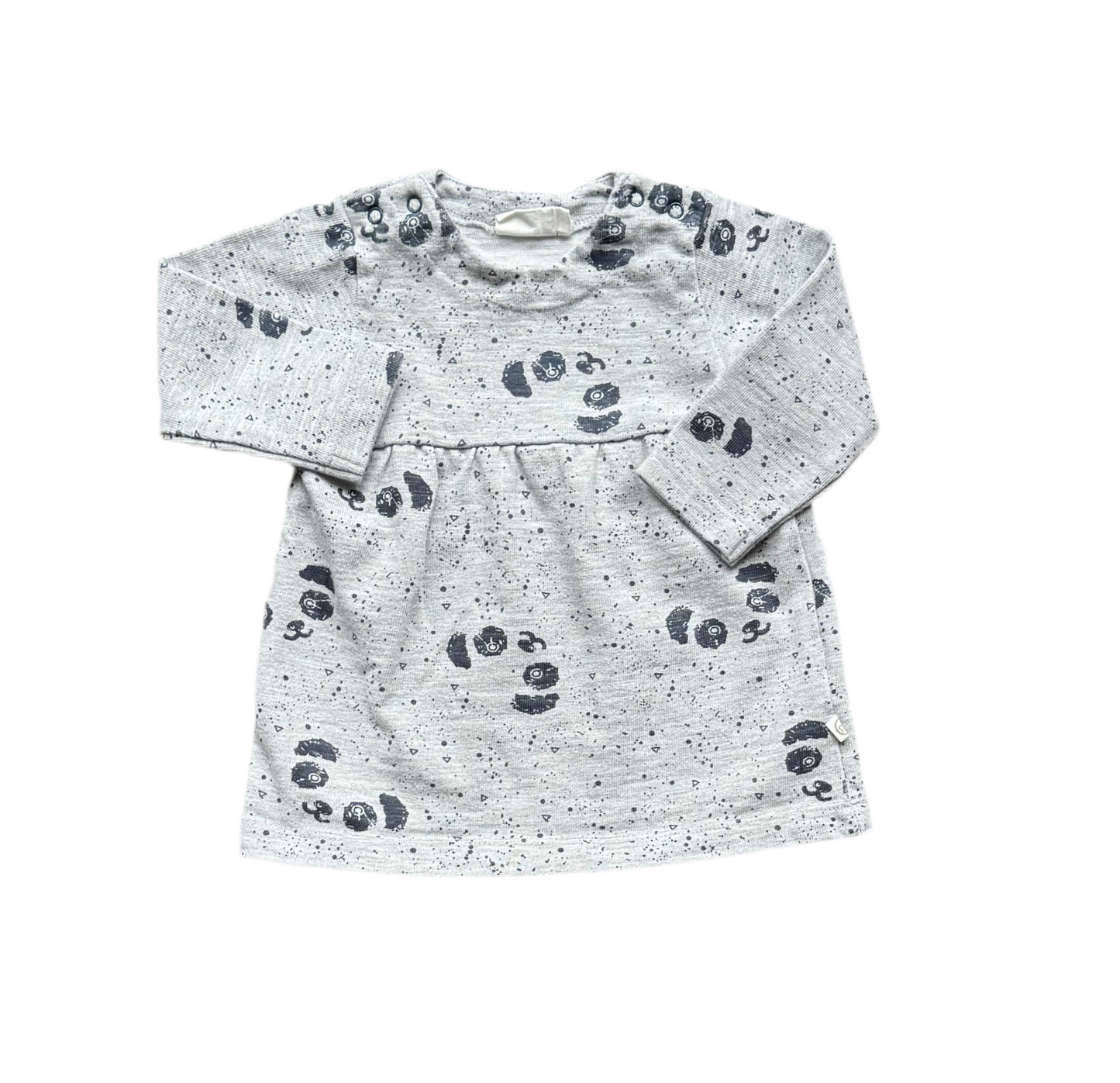 Robe bébé manches longues en jersey gris clair à motif pandas, encolure boutonnée