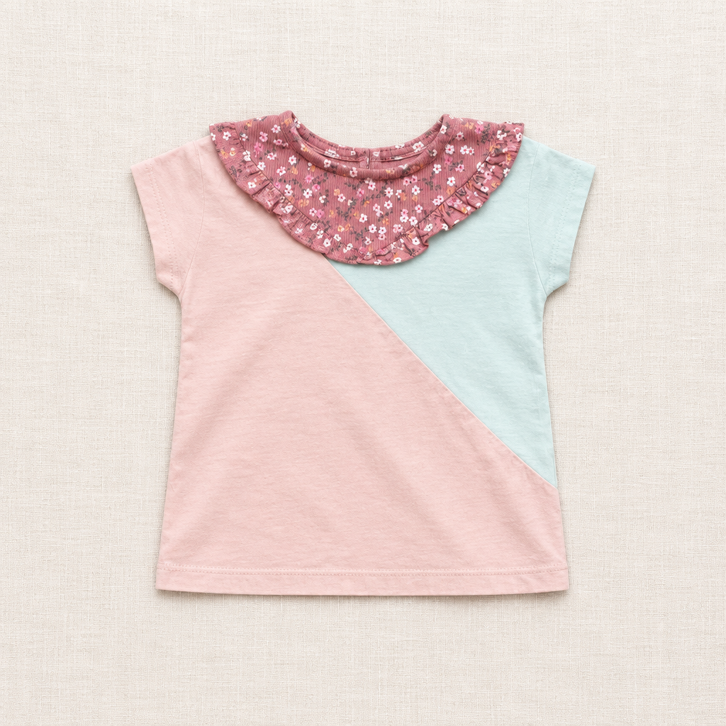 T-shirt bébé vieux rose et bleu menthe, col volant fleuri, empiècement diagonal