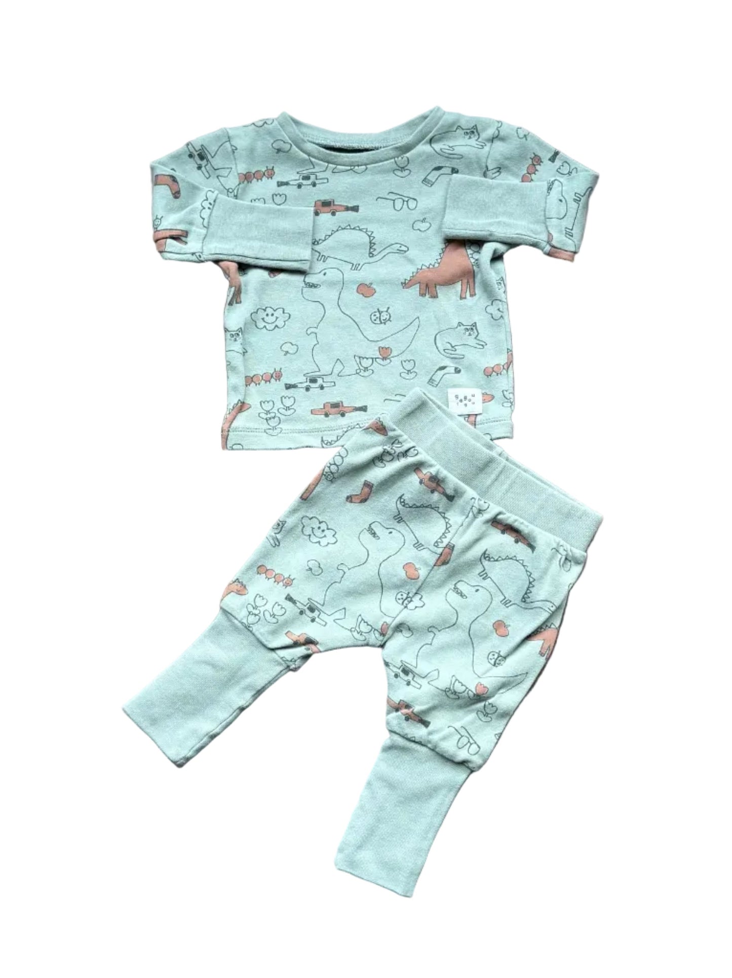 Pyjama bébé vert menthe à motifs animaux, manches longues et pantalon