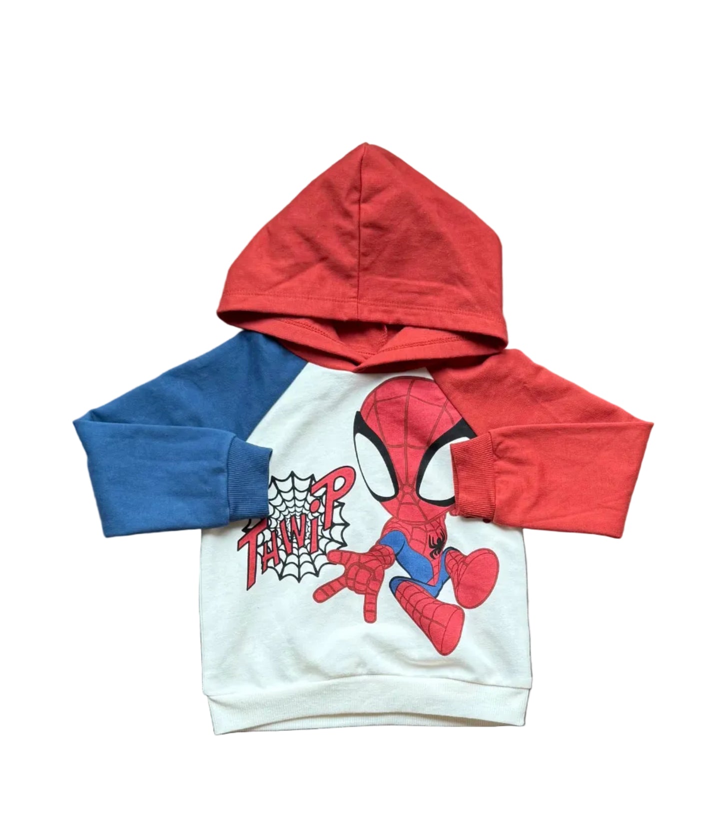 Hoodie enfant à capuche rouge, manches bleues, motif Spider-Man sur fond clair