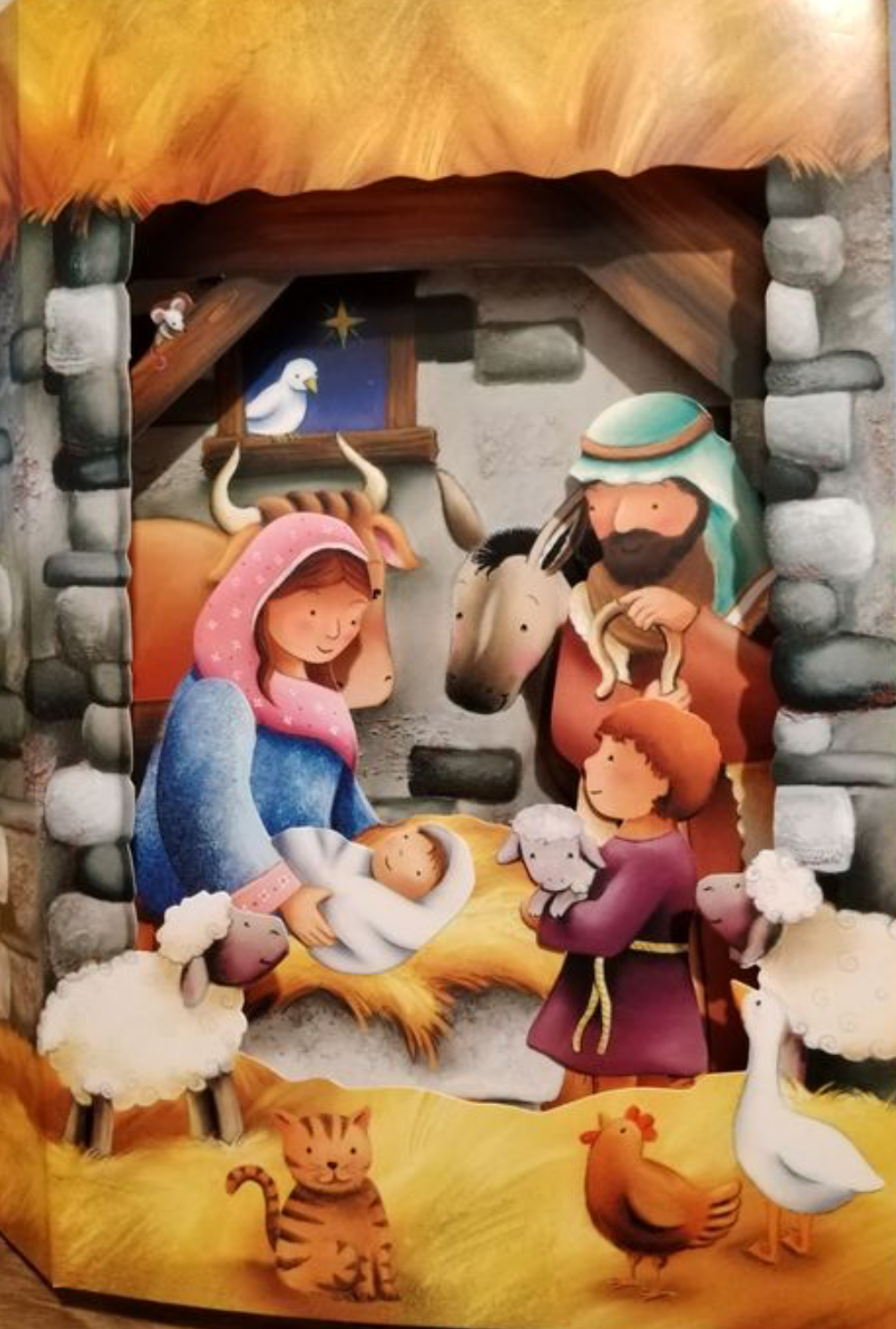 Scène de la crèche: Marie, Joseph et Jésus, animaux autour, illustration du livre