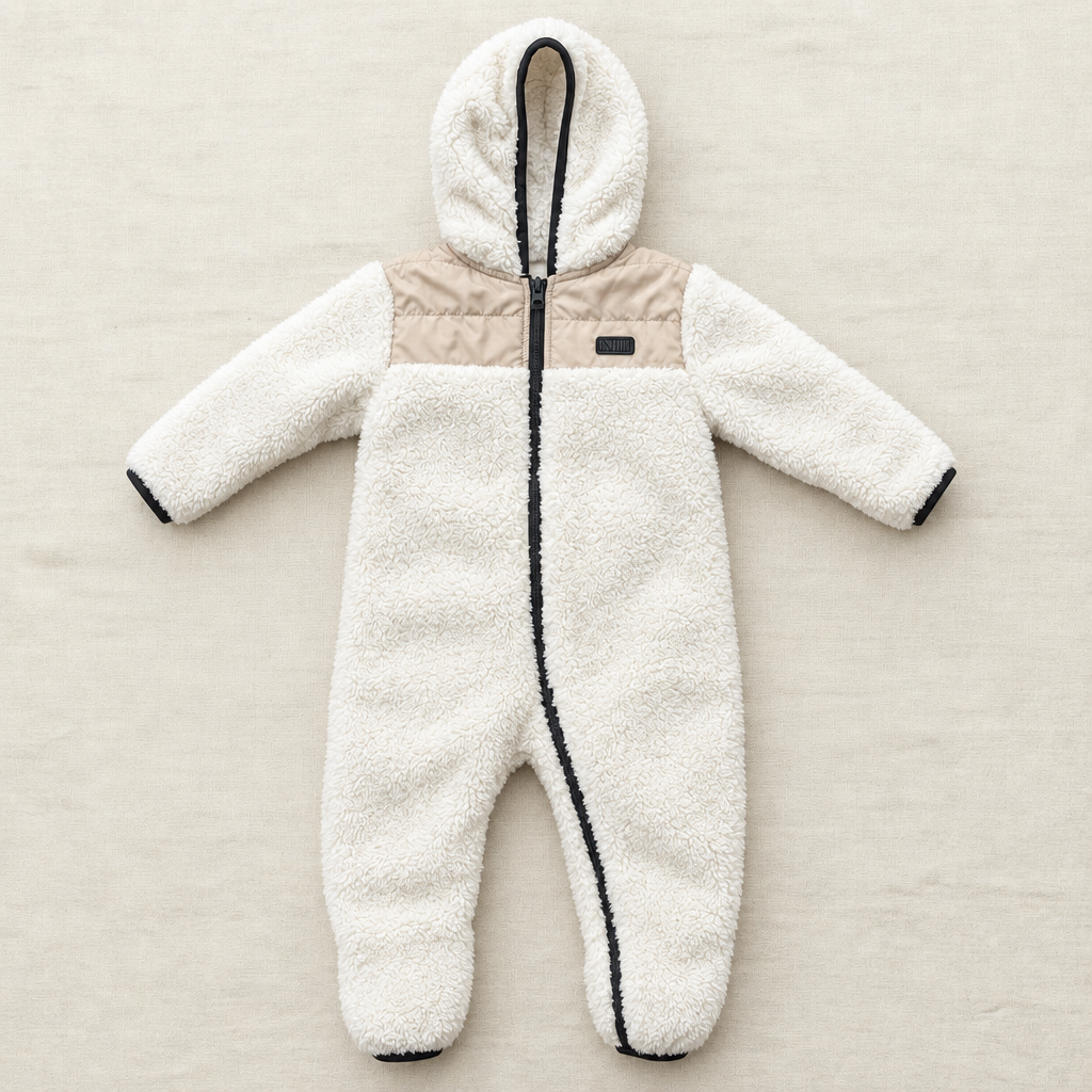 Combinaison bébé polaire blanche à capuche, zip noir, bordures noires, 24 mois