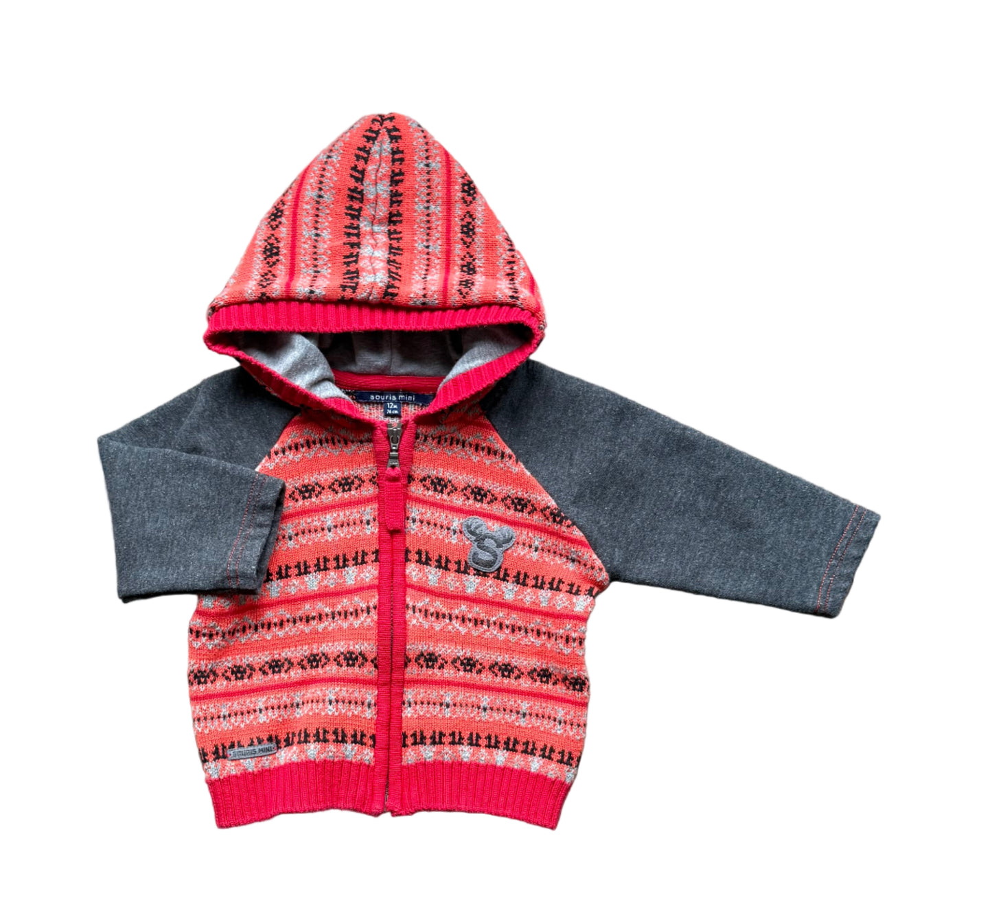 Veste à capuche zippée 12 mois, jacquard rouge et gris, bonnet côtelé