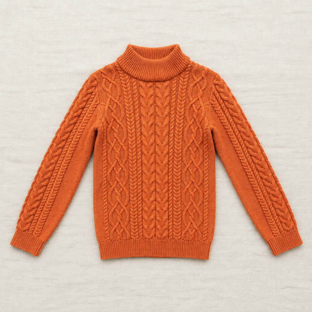 Chandail tricot orange 8 ans à col cheminée, torsades et poignets côtelés