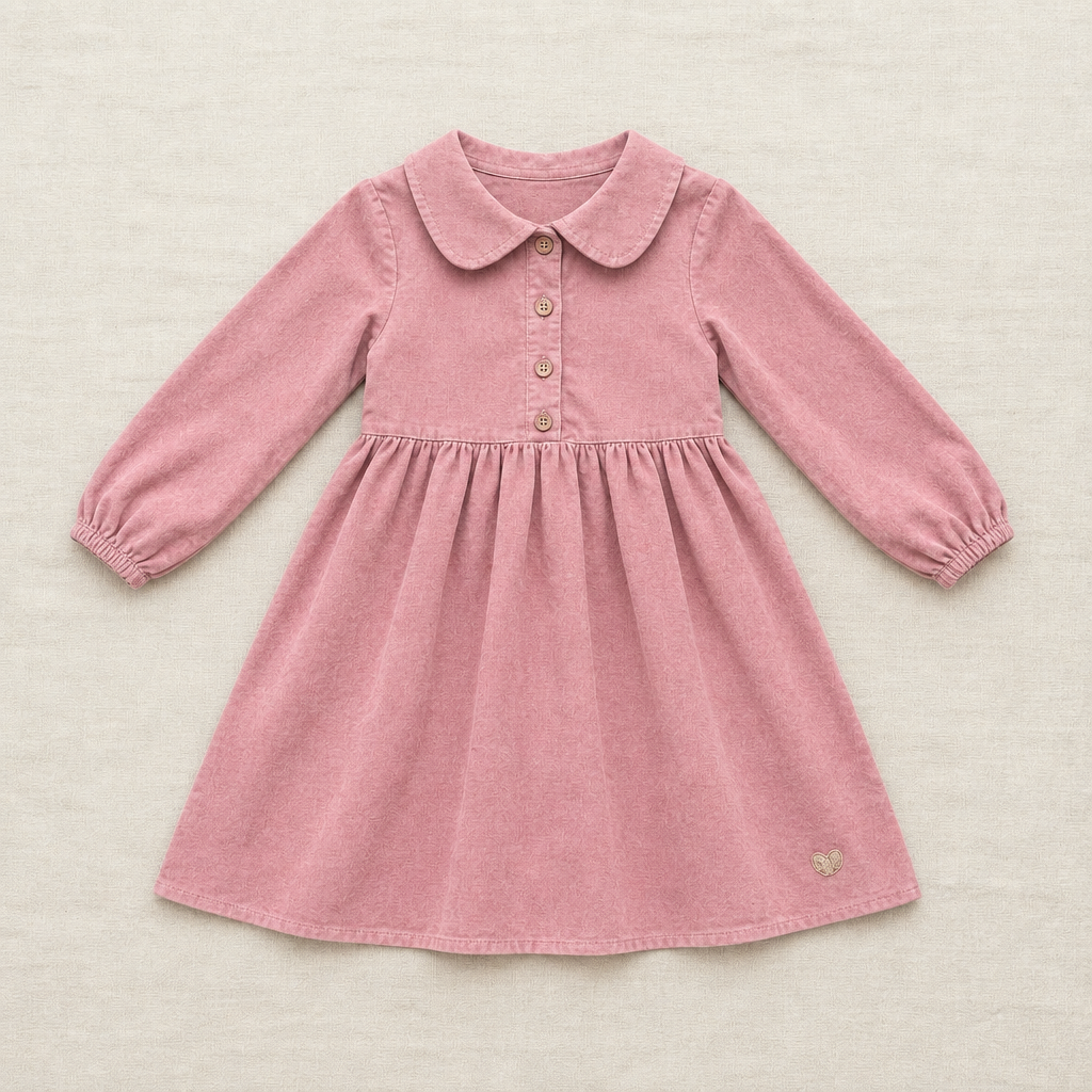 Robe rose 4 ans manches longues, col rond boutonné, jupe évasée froncée