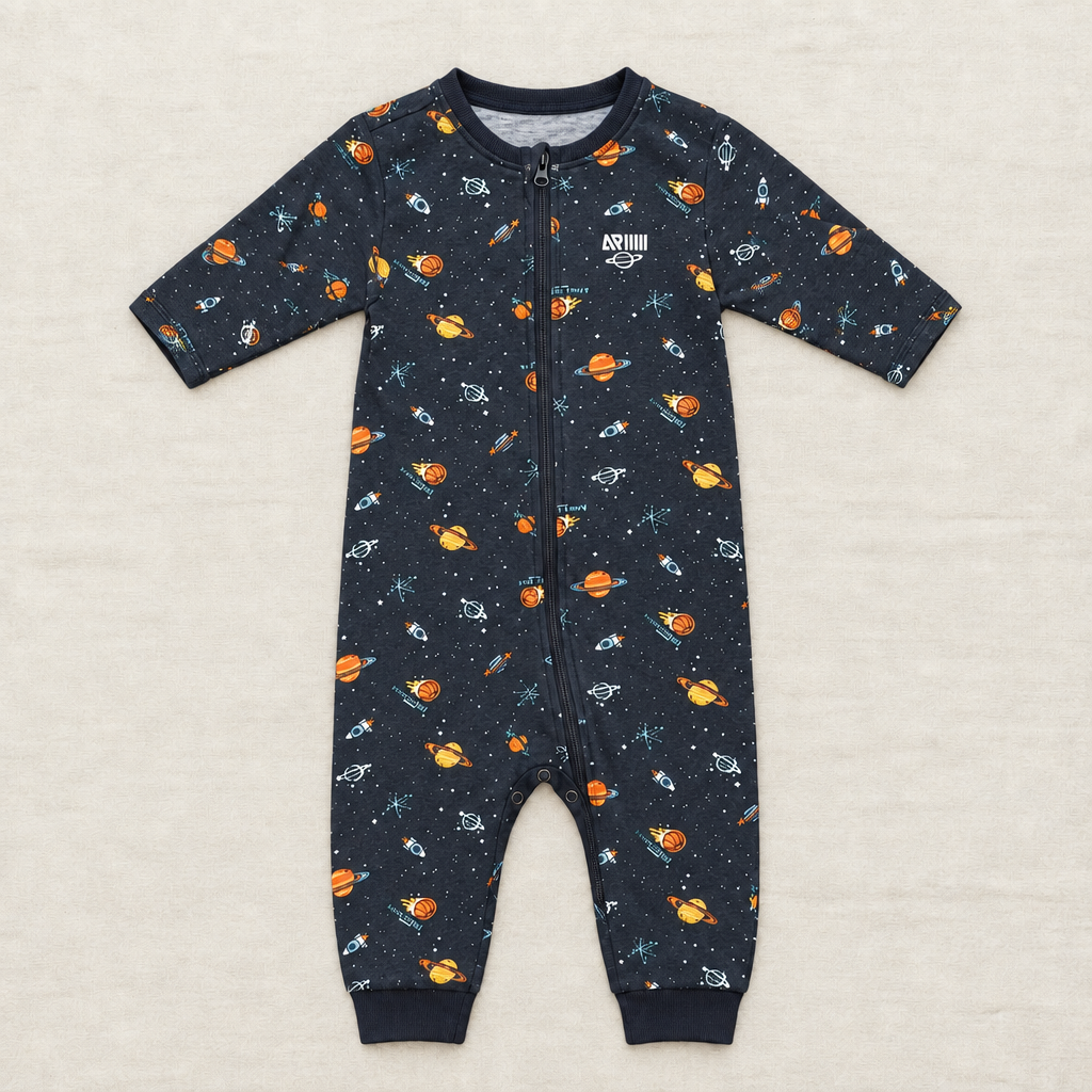 Pyjama bébé 12 mois en coton bleu nuit à motifs planètes et fusées, fermeture zippée