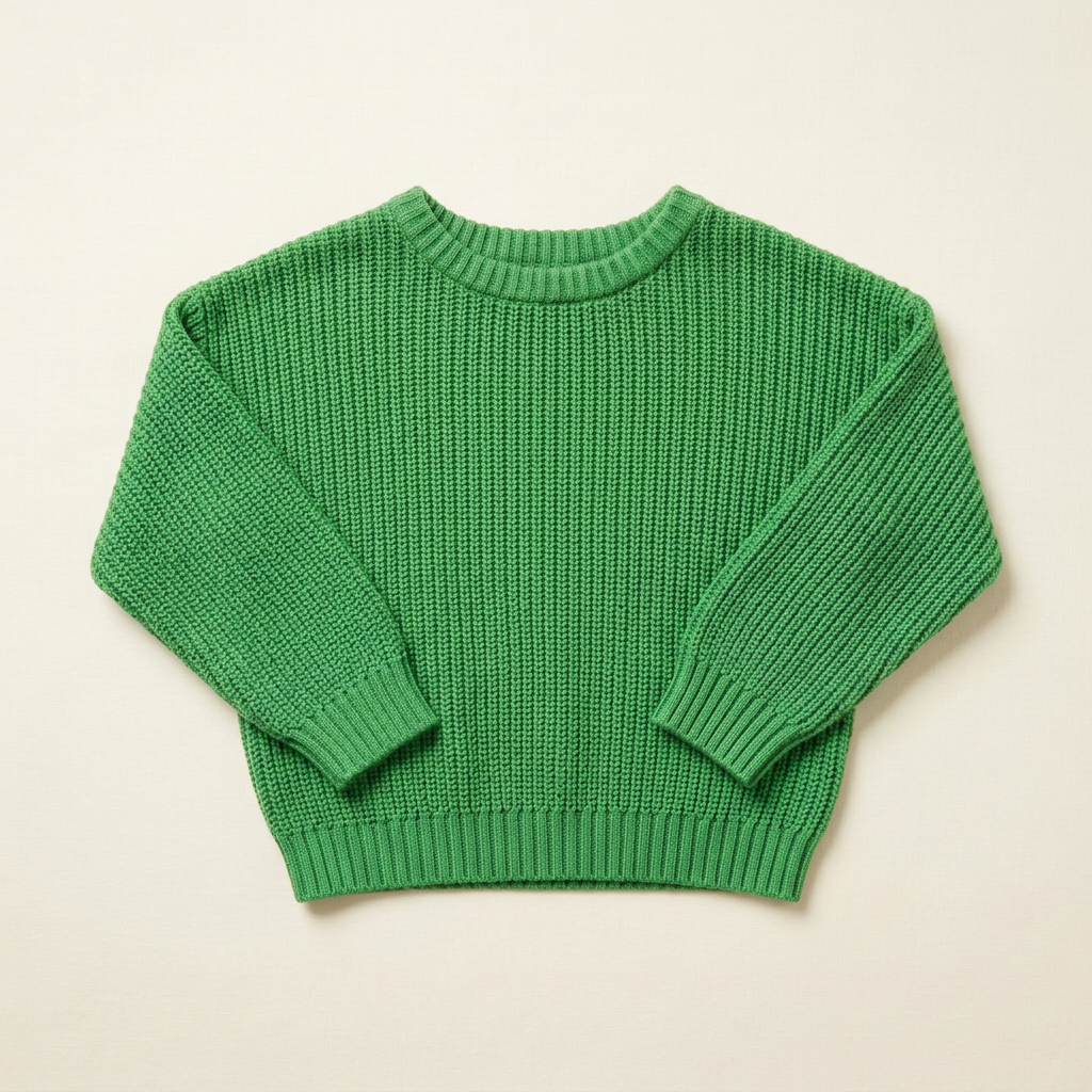 Chandail en tricot vert pour enfant 2-3 ans, col rond et poignets côtelés, manches longues