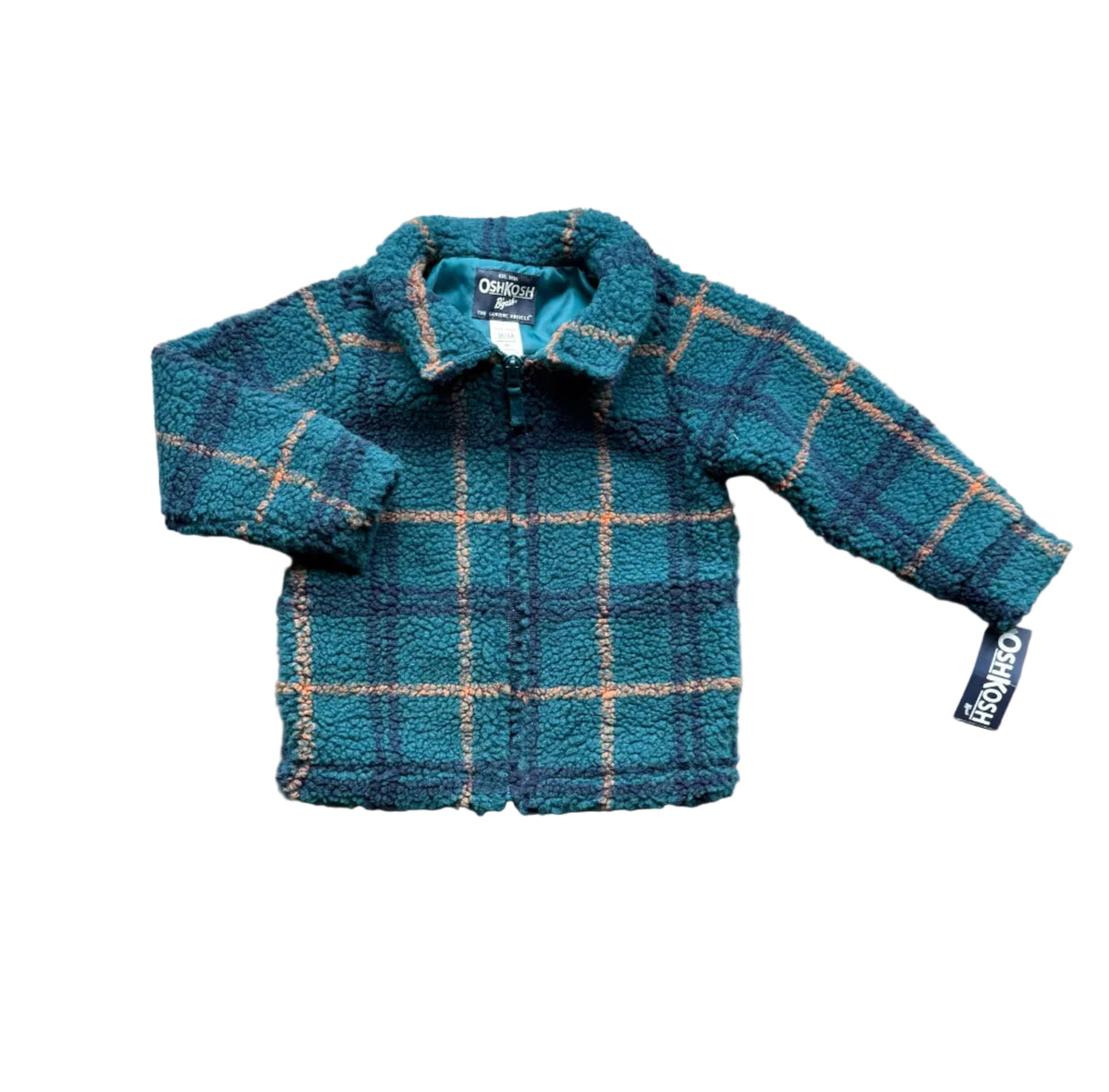 Manteau garçon 3 ans Oshkosh, plaid bleu/vert, col en fausse fourrure, boutonnage