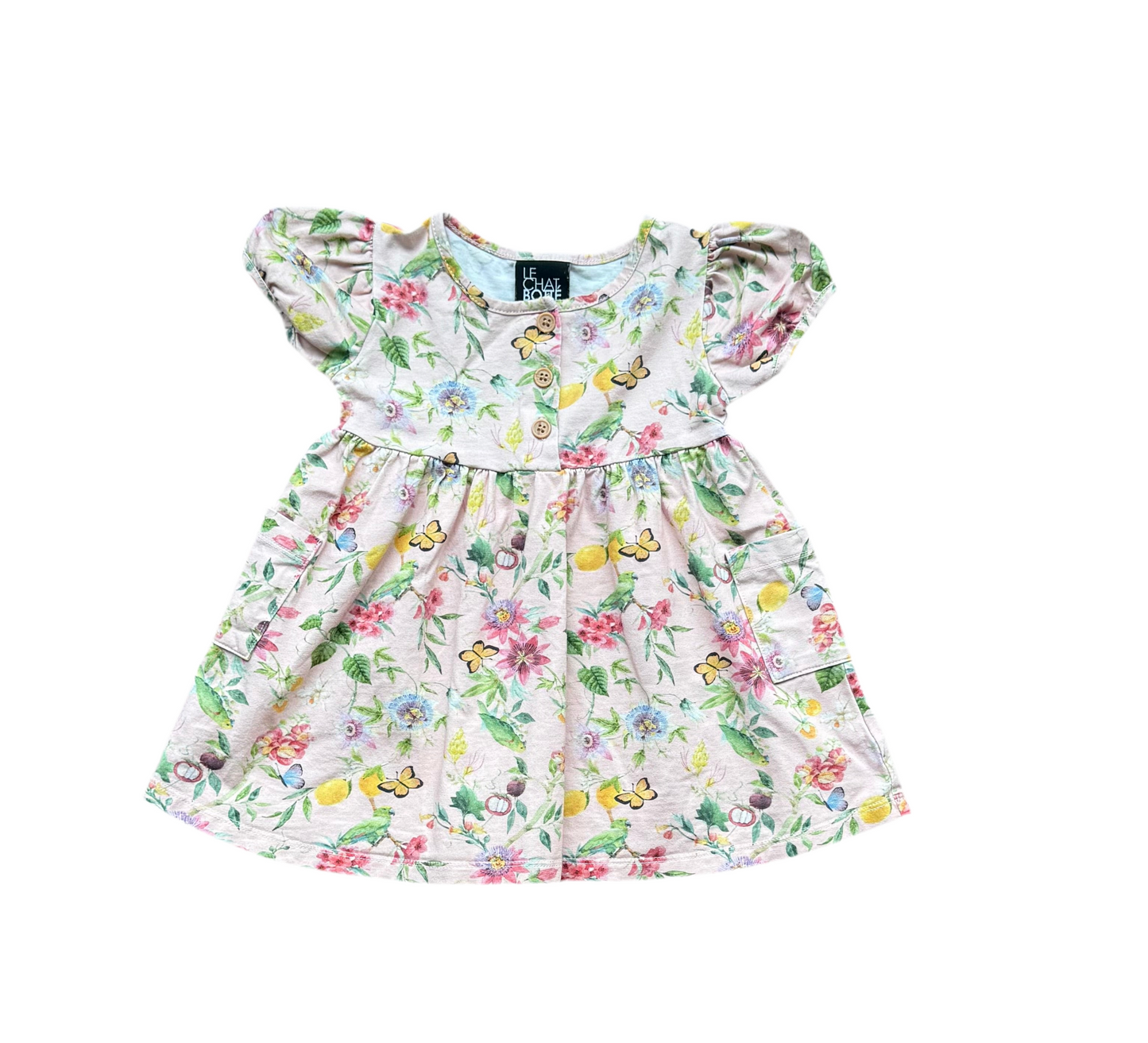 Robe bébé à manches courtes, imprimé floral multicolore, empiècement froncé devant.