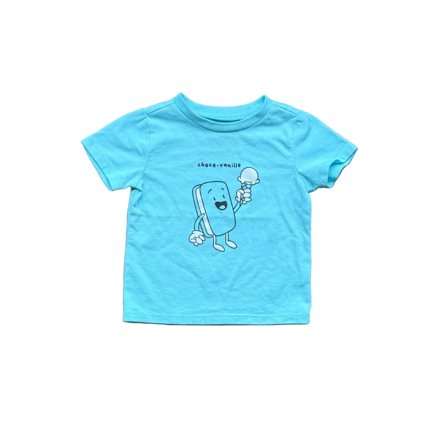 T-shirt bébé 9 mois bleu azure à manches courtes, encolure ronde, motif devant
