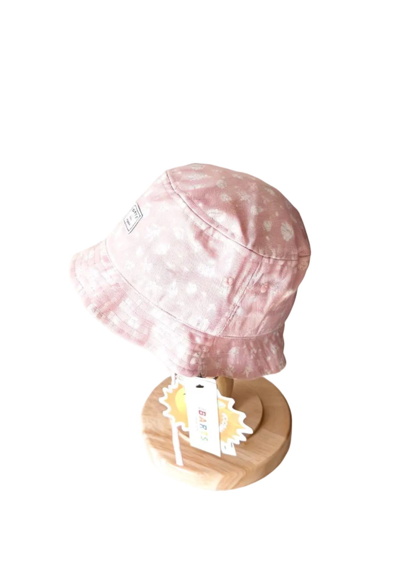 Chapeau bébé Barts 12-18 mois rose crème à motifs, vue de côté avec étiquette