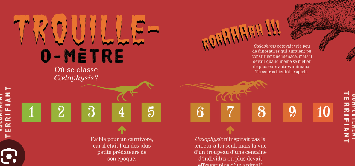 Page rouge du livre avec échelle 1 à 10 et texte sur le Coelophysis