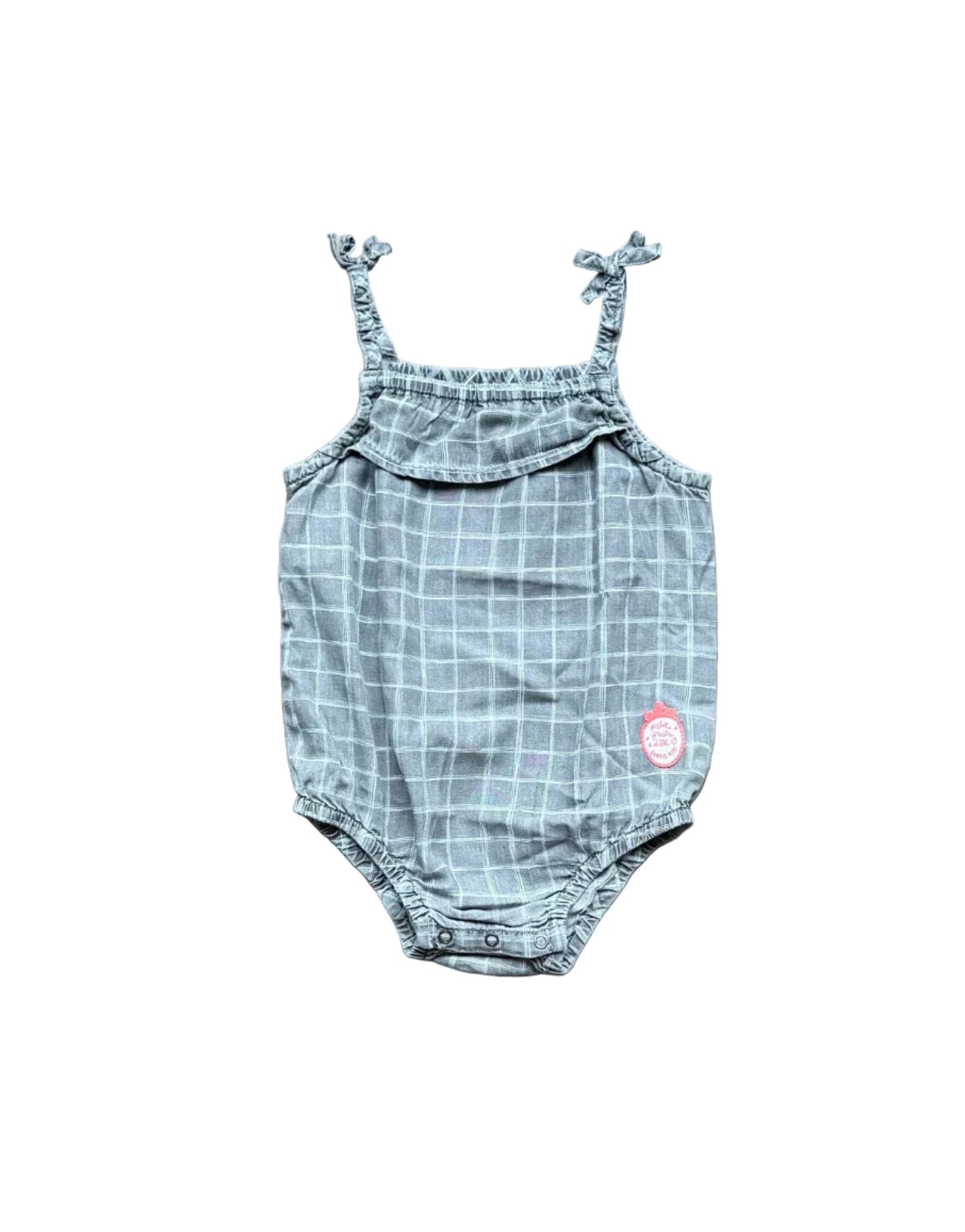 Barboteuse bébé 9-12 mois à bretelles croisées, motif quadrillé gris bleuté.