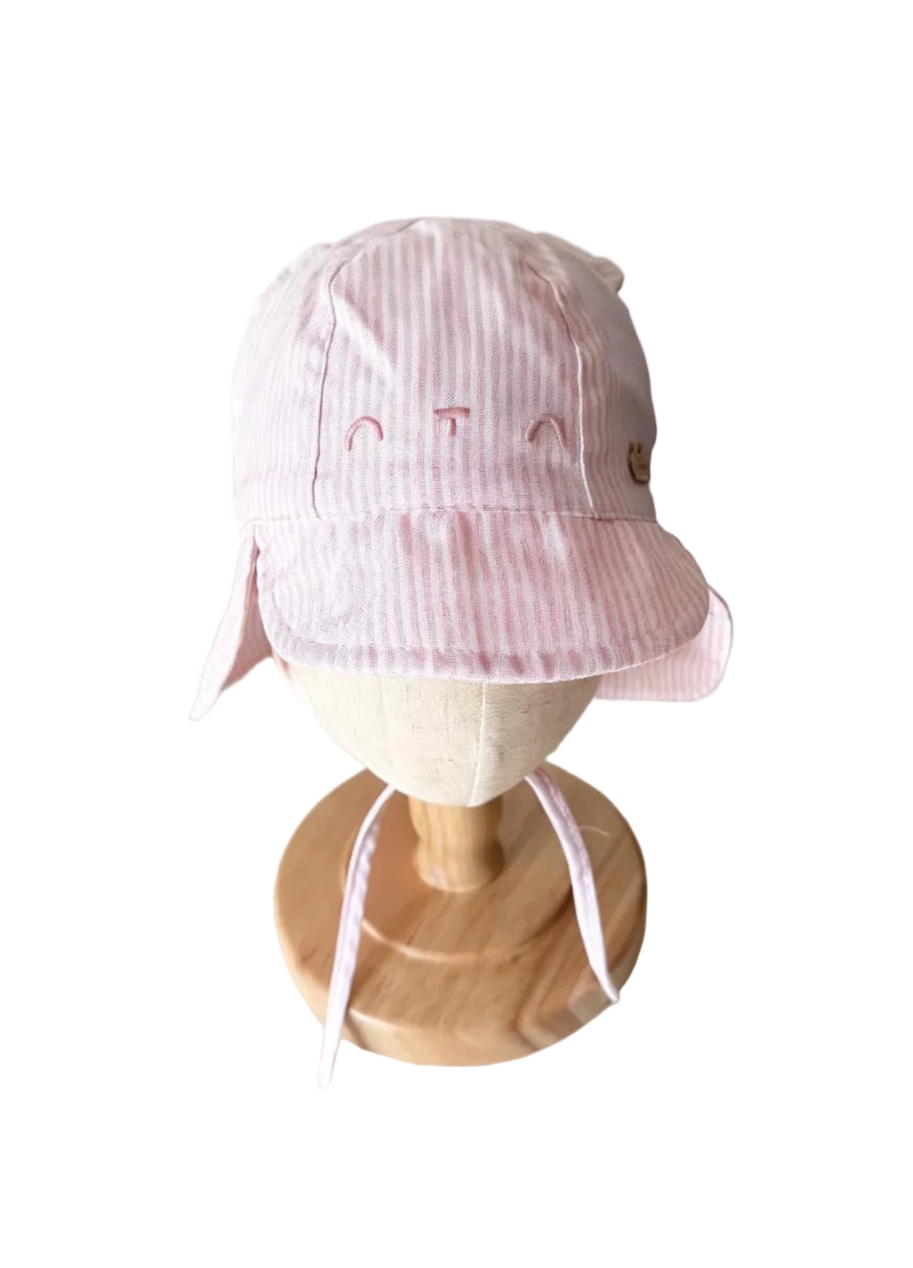 Casquette bébé rayée vieux rose, motif souris brodé, cordons à nouer, M/L