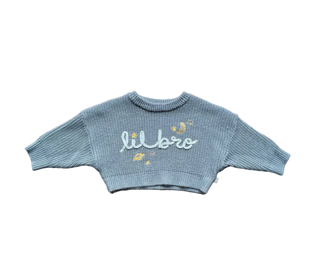 Chandail bébé bleu-gris à motif brodé « Liberté » manches longues