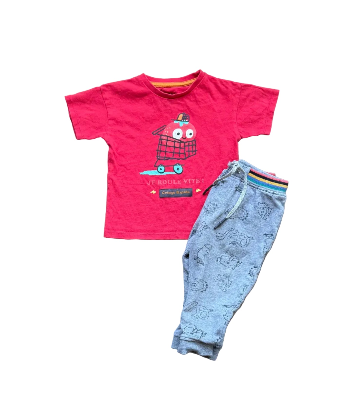 Ensemble 2 pièces rouge 6-9 mois : t-shirt manches courtes avec visuel + pantalon bleu