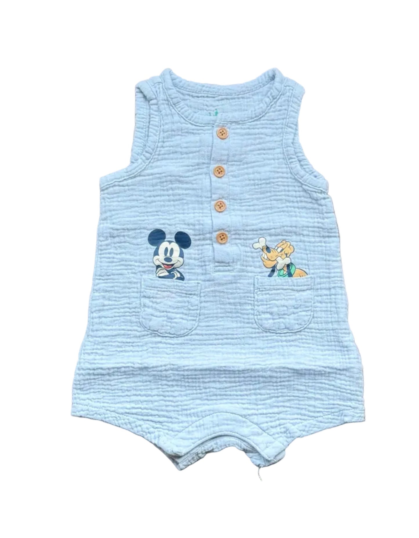 Barboteuse bébé Disney bleu clair, boutons devant et poches, motifs Mickey et Winnie