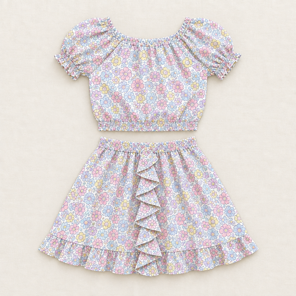 Ensemble 2 pièces fille : blouse manches courtes fleurs pastel et jupe à volants