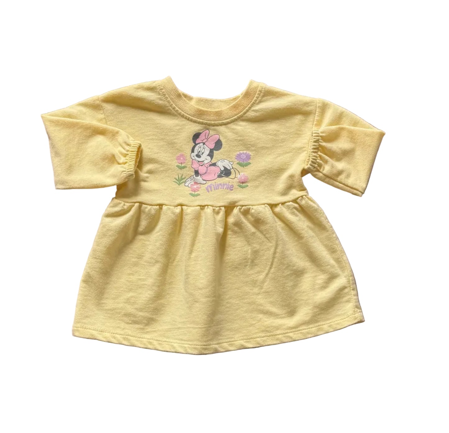 Robe jaune soleil 12-18 mois à manches longues, volant bas et motif Minnie