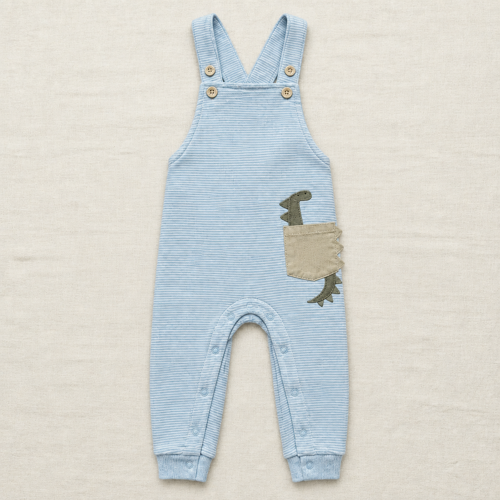 Salopette bébé rayée bleu à bretelles, motif dinosaure, poches 18 mois