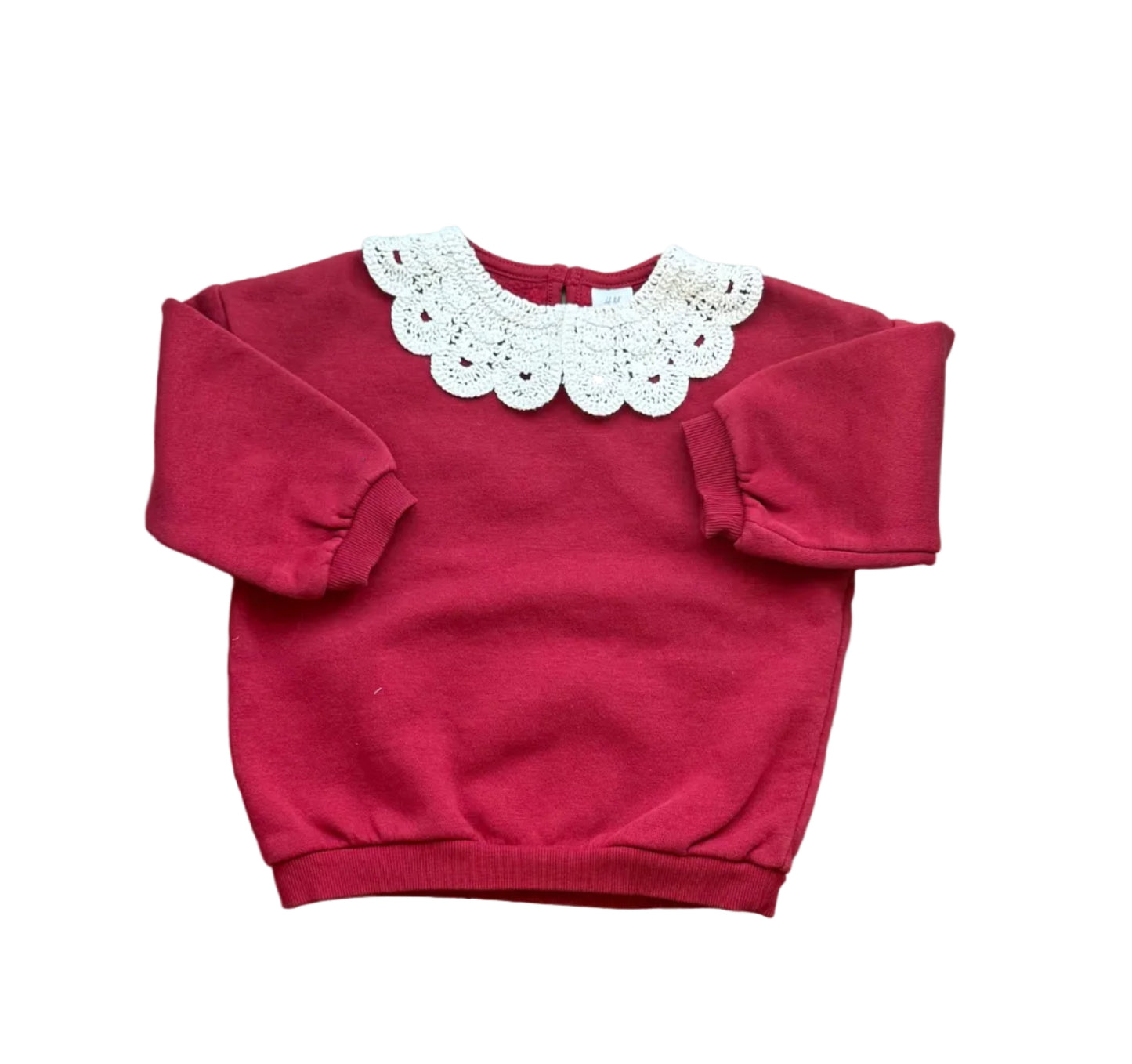 Chandail bébé rouge bordeaux à col dentelle blanche, manches longues