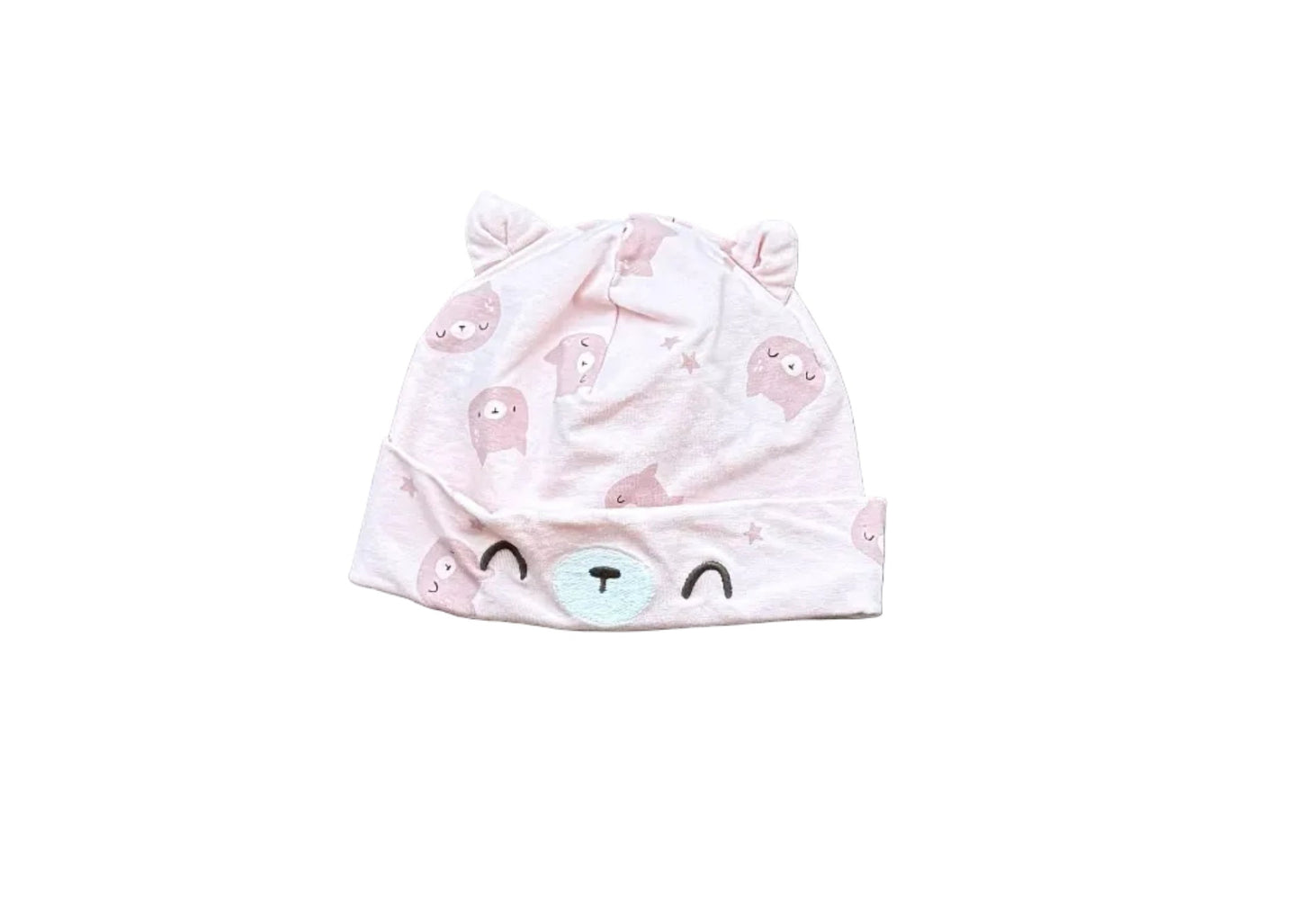 Bonnet bébé rose clair et blanc à motif animaux, oreilles repliées