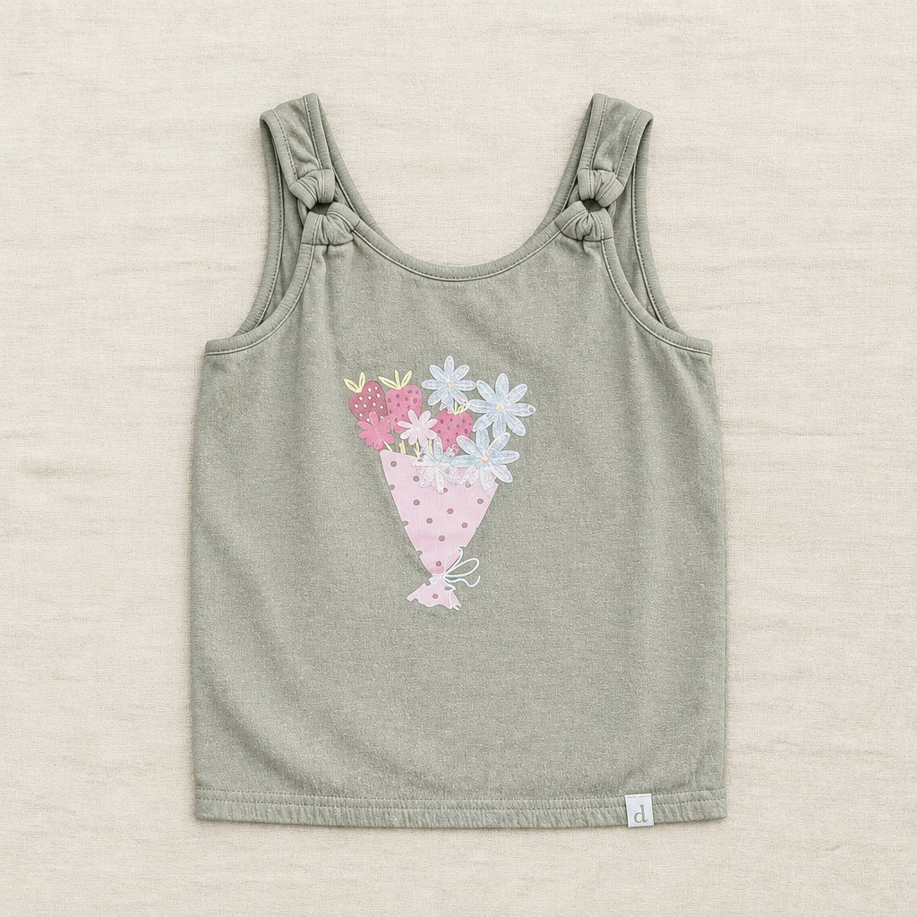 Camisole Deux par Deux vert kaki à bretelles nouées, imprimé cœur fleuri, 6 ans