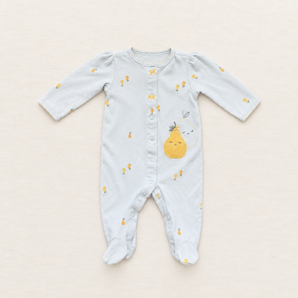 Pyjama bébé Carter’s 3 mois bleu clair à motifs fruits, grenouillère boutonnée