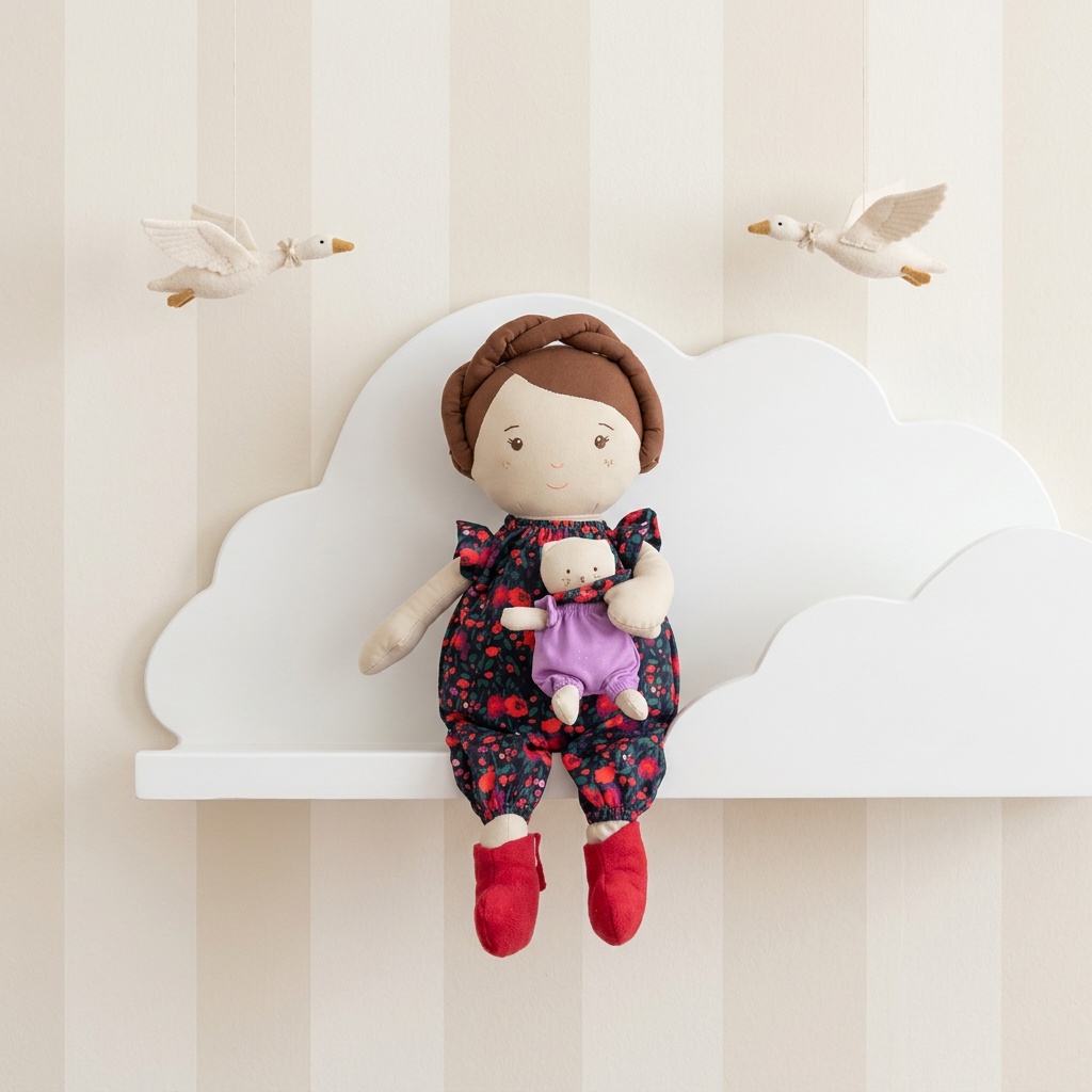 Poupée Freddie en tissu, cheveux bruns, tenue fleurs bleu marine, bottines rouges