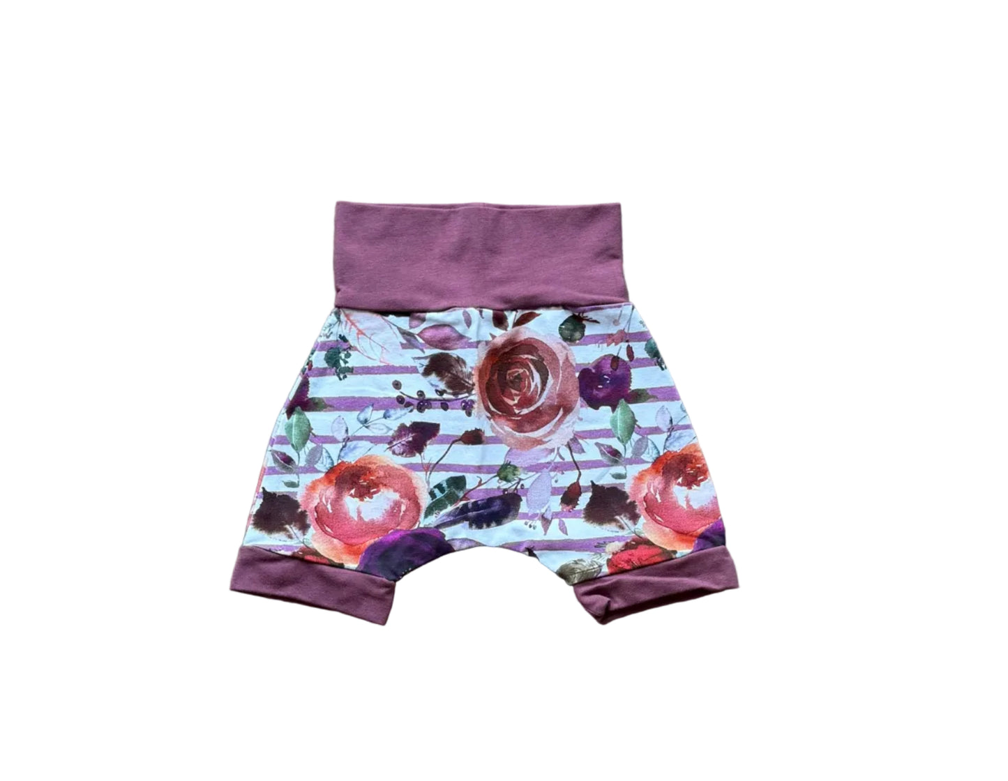 Short bébé 3–12 mois La fabrique à sourires, jersey floral avec taille violette