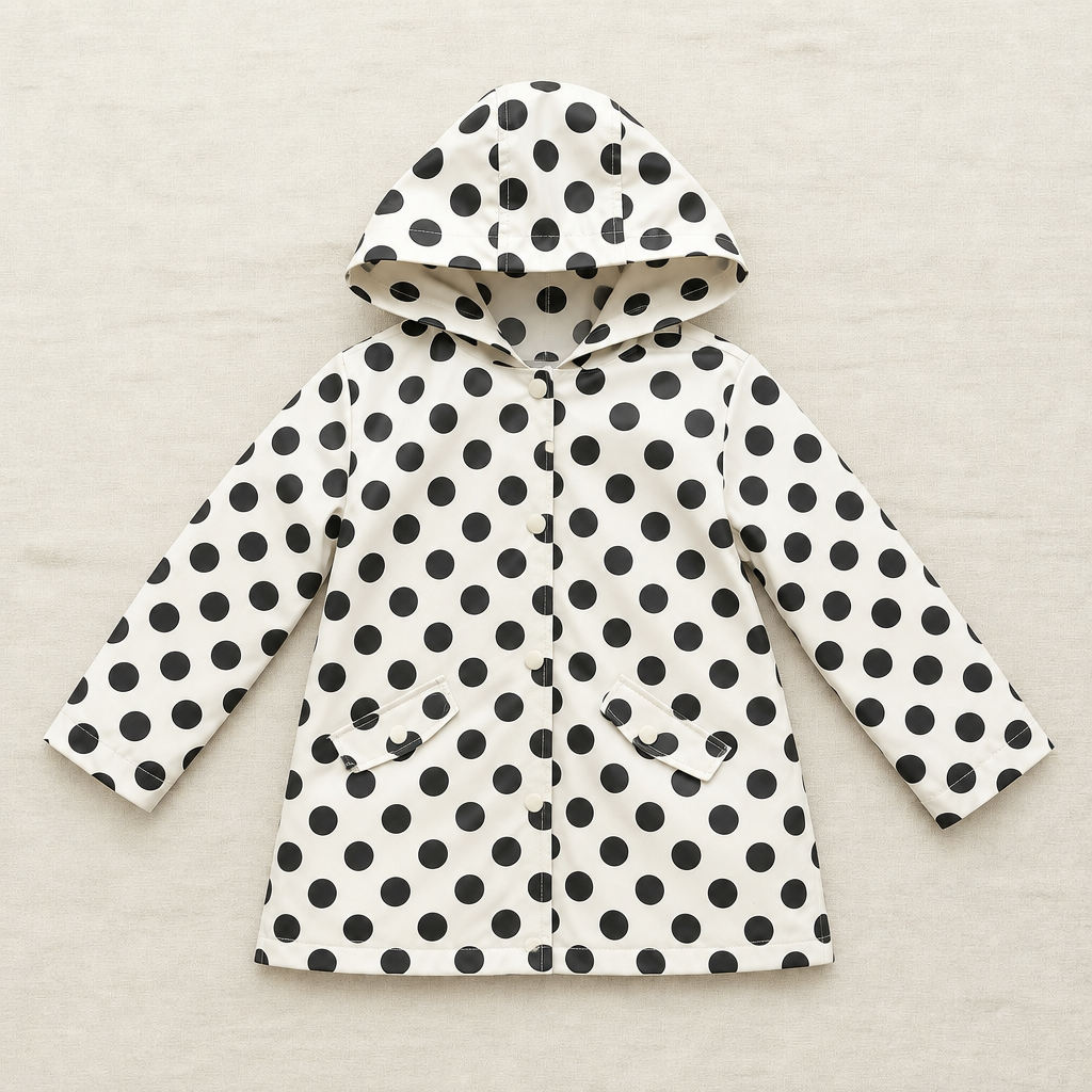Manteau enfant blanc à capuche à pois noirs, fermeture boutonnée, poches à rabat