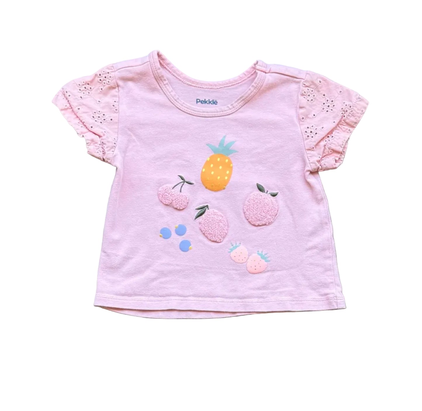 T-shirt bébé rose crème à motif fruits (ananas, fraises) manches volantées