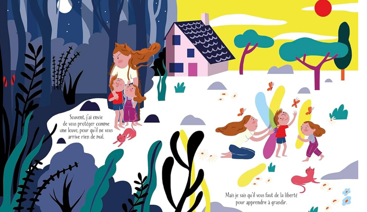 Page intérieure du livre avec scène nocturne dans une forêt et enfants