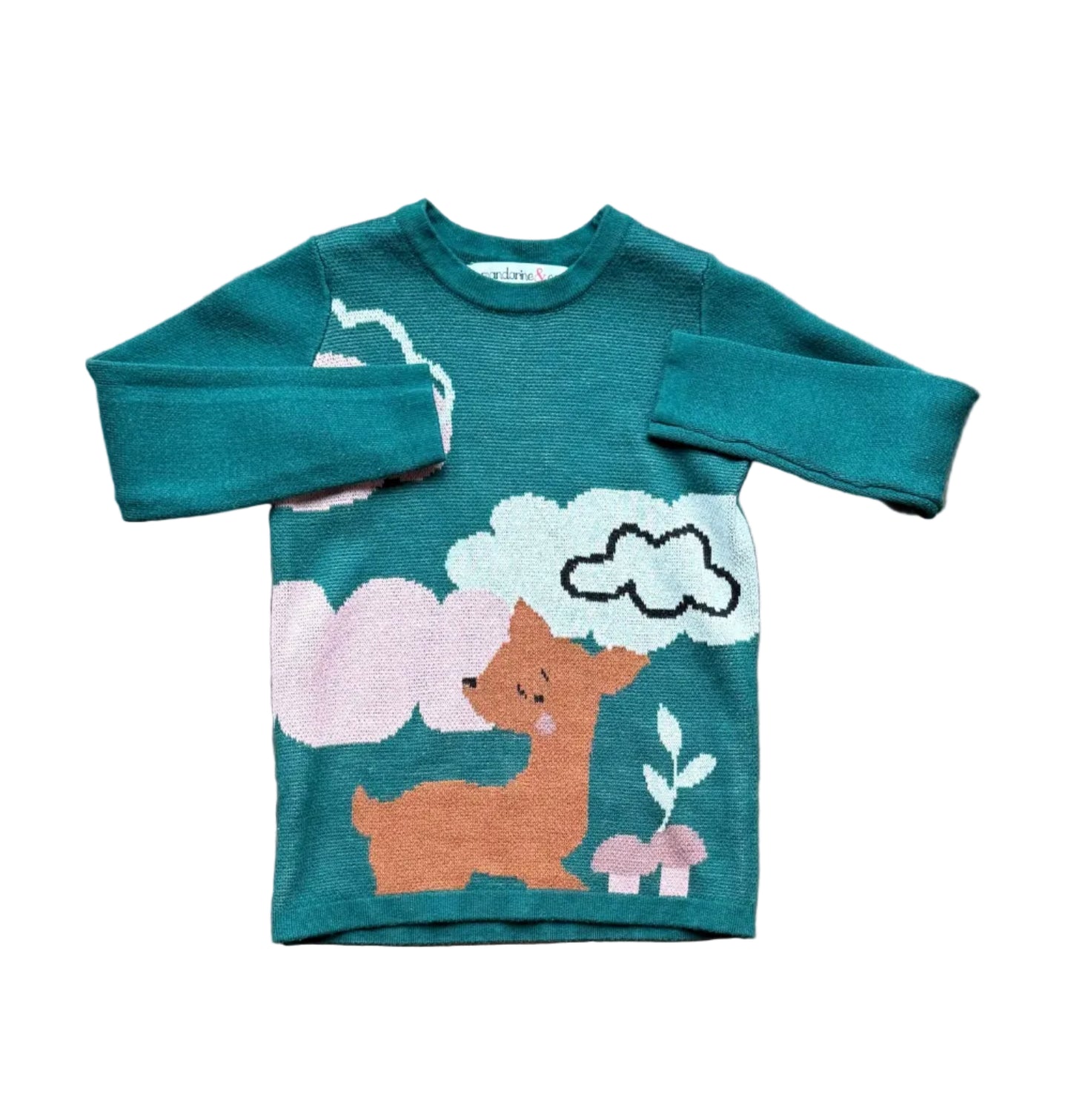 Robe bébé vert canard manches longues col rond imprimé renard et nuages