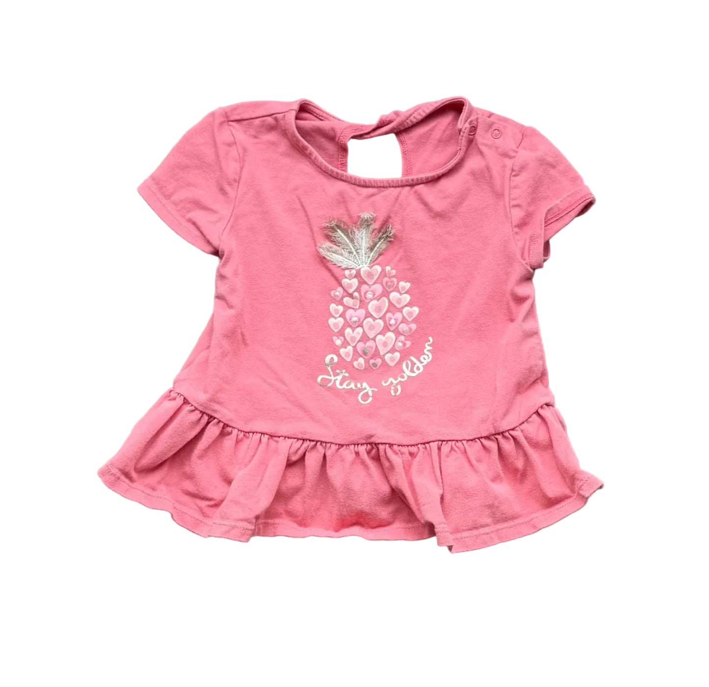 T-shirt bébé Mayoral saumon, manches courtes, encolure ronde, volant et motif cœurs