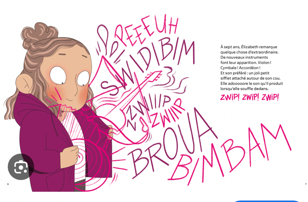 Page illustrée du livre L’enfant-orchestre : enfant au violon, typographie rose.