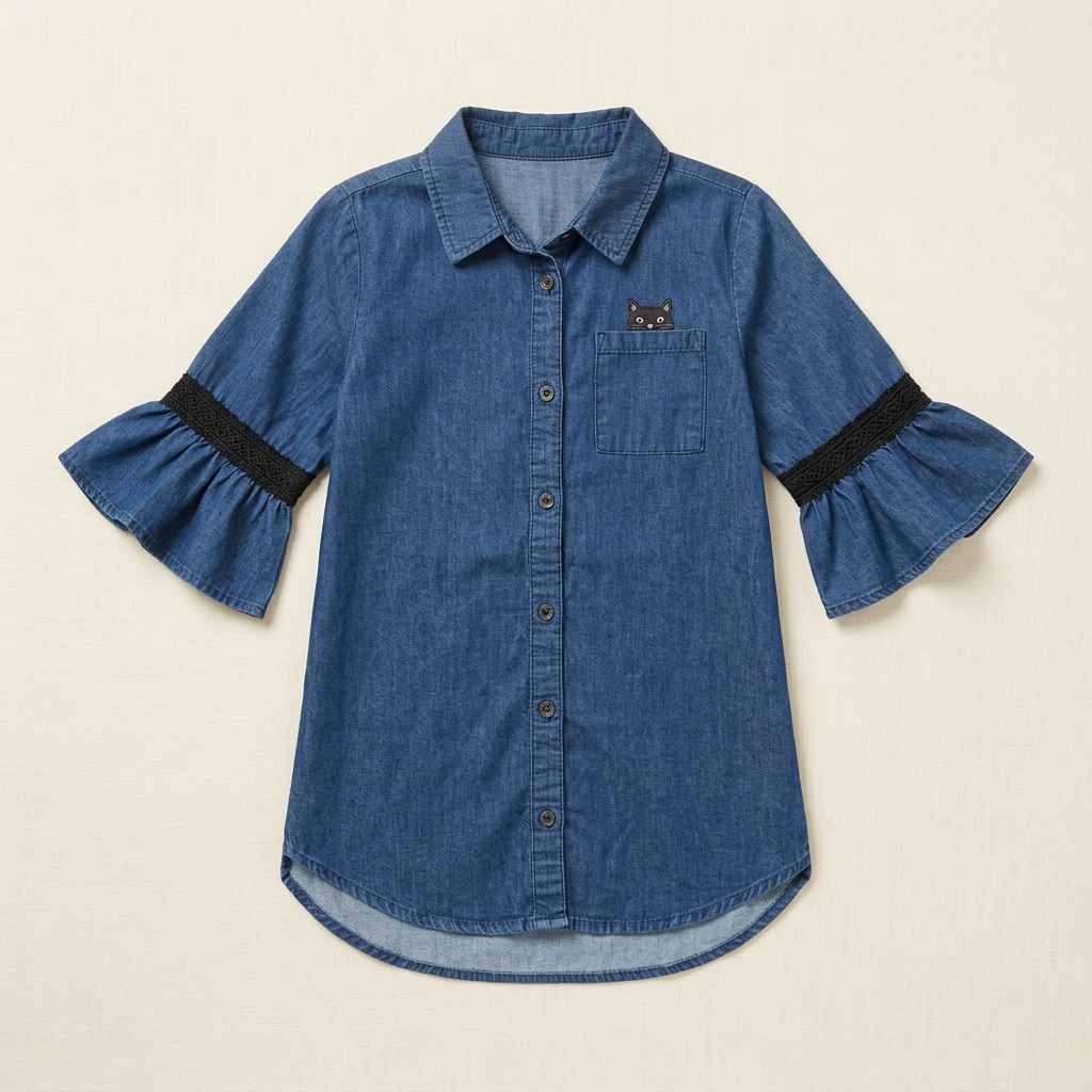 Chemise enfant denim bleu, col chemise, poche avec motif chat, poignets volants noirs