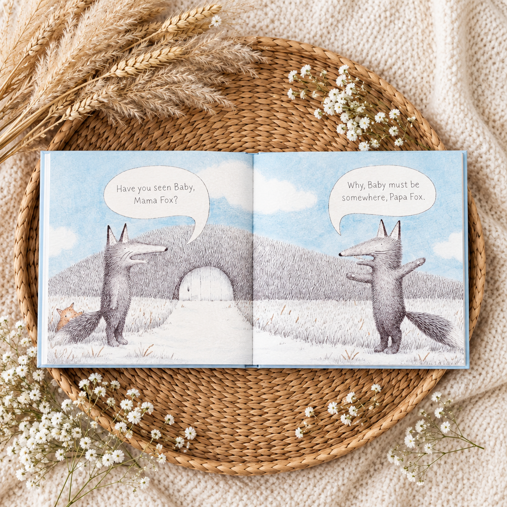 Livre jeunesse à couverture illustrée avec animaux dans un paysage ciel bleu clair