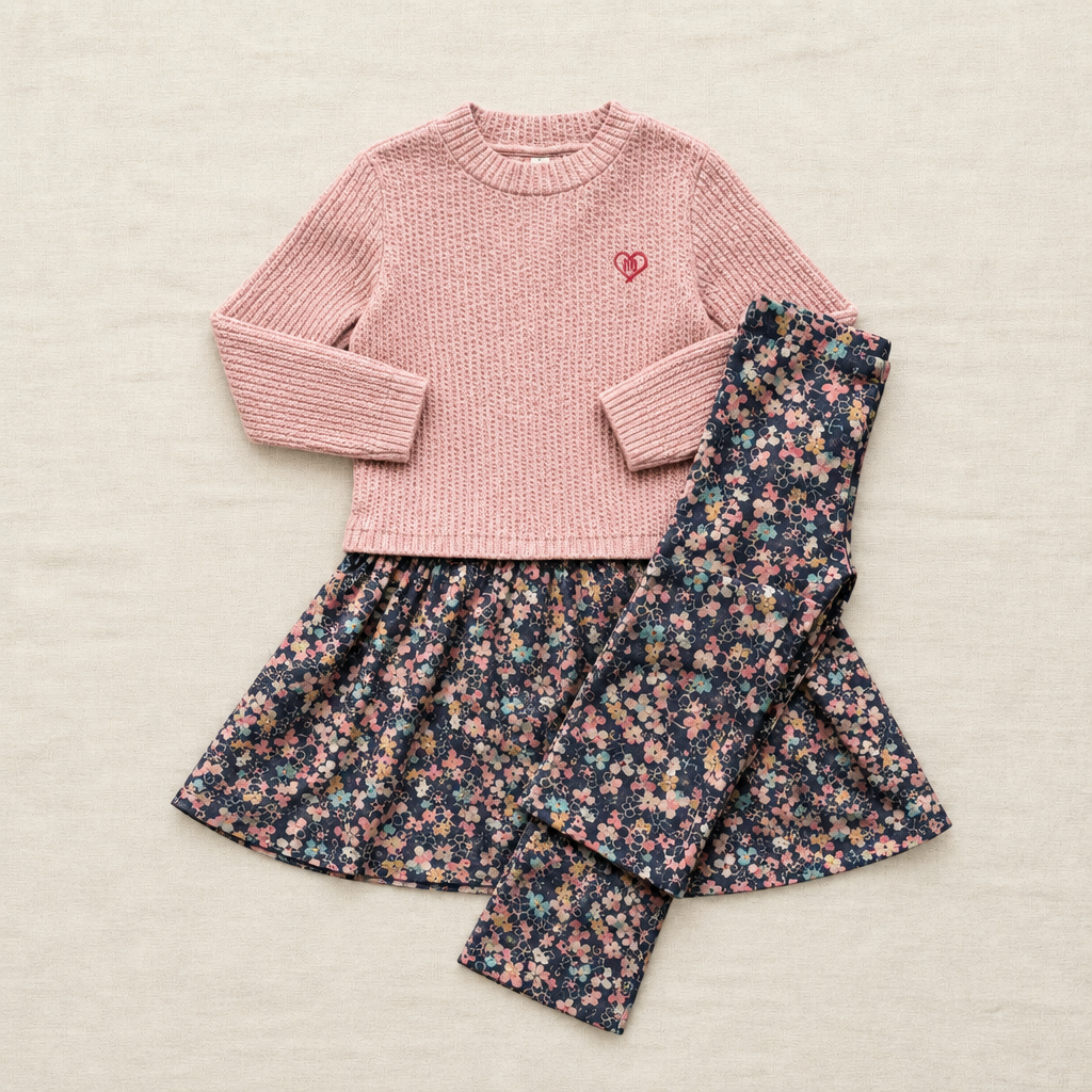 Ensemble 2 pièces : pull rose côtelé à cœur, robe et legging fleuris