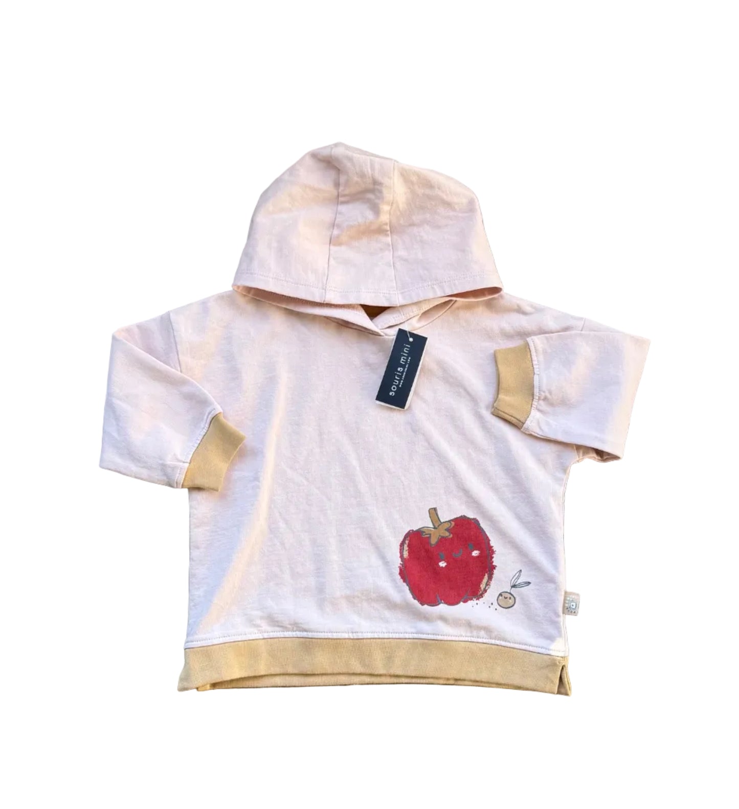 Haut de sweat à capuche bébé, rose crème, manches longues, motif pomme rouge.