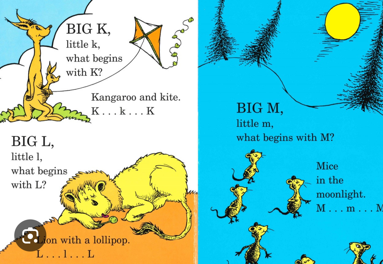 Pages du livre ABC : animaux avec texte « BIG K » et « Mice in the moonlight »